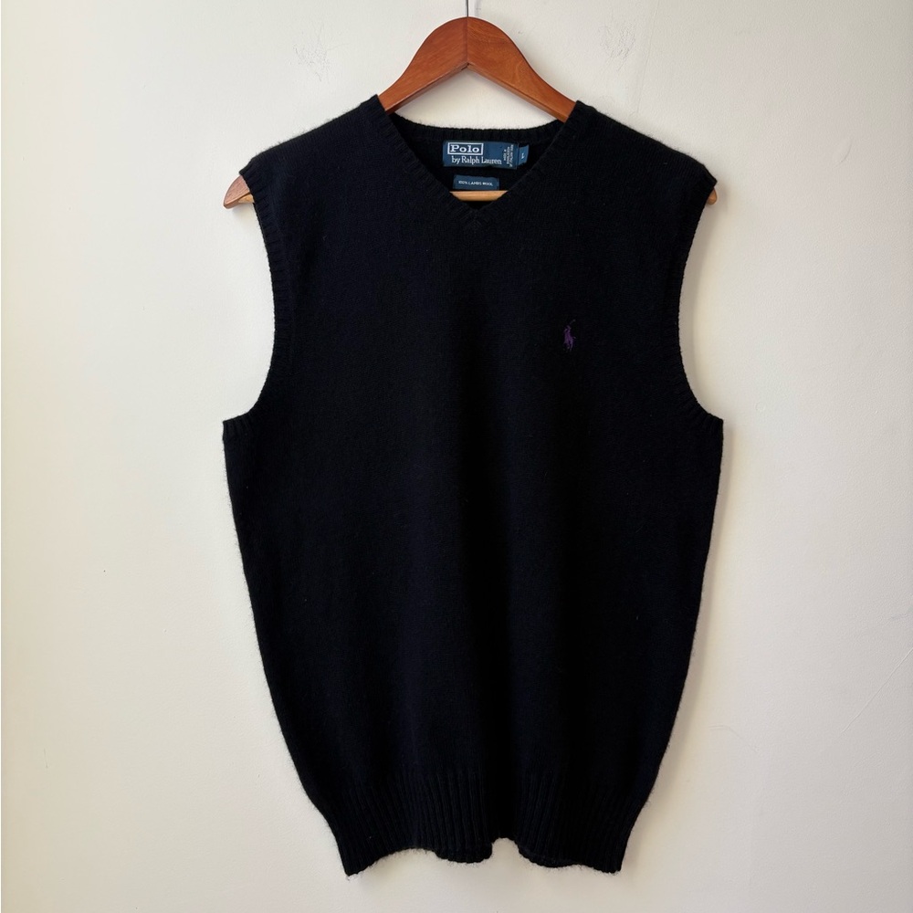 Polo by Ralph Lauren Black V-Neck Wool Vest with Purple Pony
